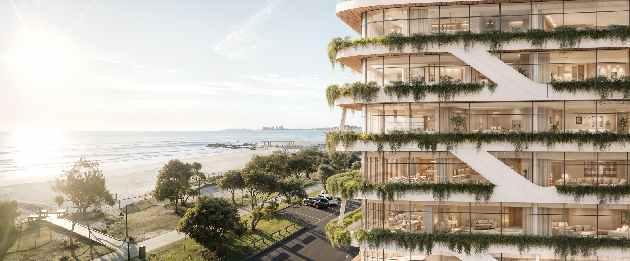 Cascade tower on the Gold Coast at golden hour, planting cascading over every balcony slab
